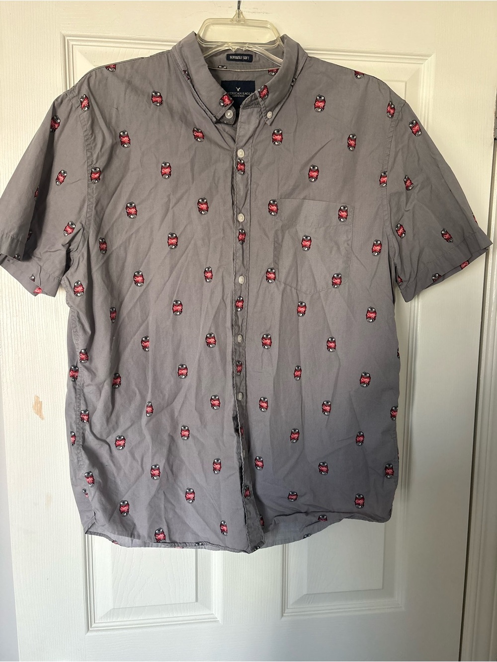 American Eagle Outfitters Short-Sleeve Button-Down Shirt in Gray with Red Can